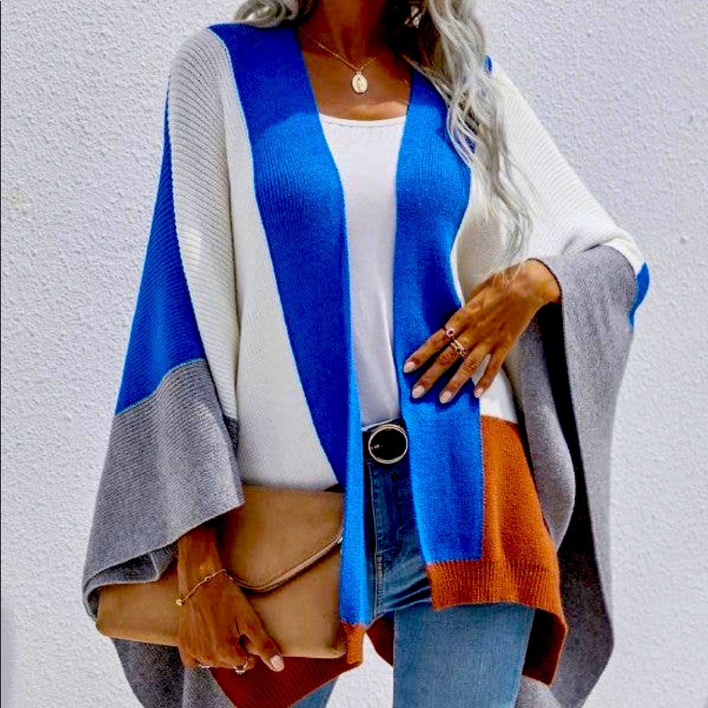 Color block cardigan, knit, open neckline and dolman sleeves